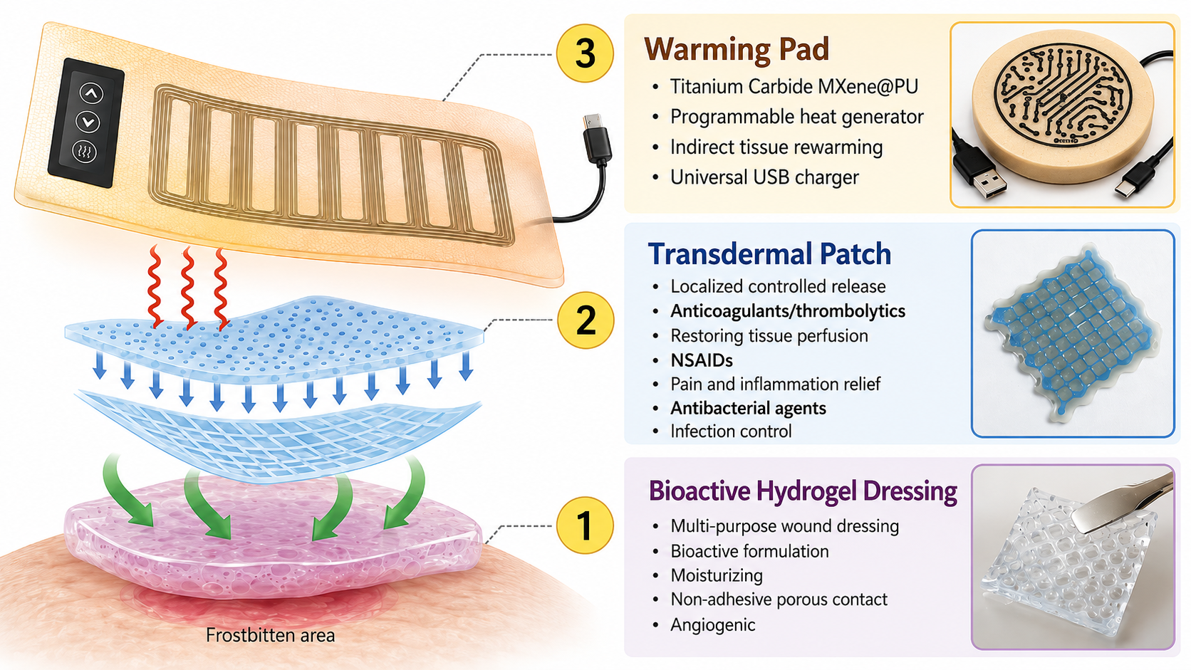 An image showing the 3 part of the frostbite treatment. The Bioactive Hydrogel Dressing, the Transdermal Patch, and the Warming Pad.